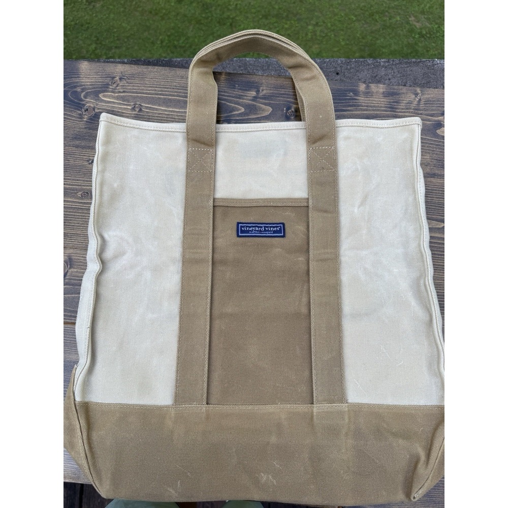 Vineyard Vines Canvas Tote Bag Khaki Cream Zip Top Large Beach Travel Shopper